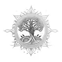 Rainbow serpent, a boabab tree in front of the Sun. The previous sentence represents peace, power, purpose tattoo design idea