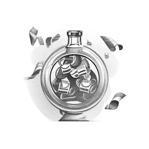 A slot machine lever shaped like a whisky bottle pouring out roses instead of symbols, with a banner that says 'Lucky Charm' tattoo design idea