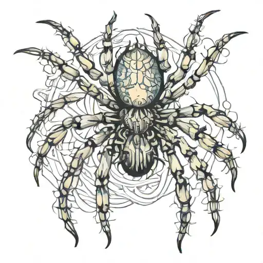Picture a detailed spider with realistic anatomy, but instead of a typical body, its abdomen is made of a large, gleamin tattoo design idea