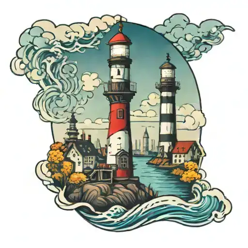 three tall buildings with a river and a light house tattoo design idea