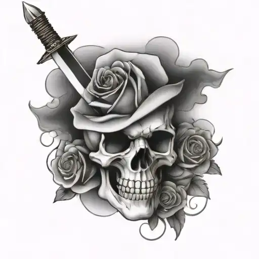 rose and sword and skull and clouds and stars tattoo design idea