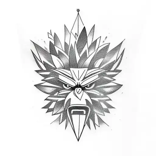 A minimalist tattoo showcasing a fusion of Crash Bandicoot, African tribal mask, flowers, and geometric shapes tattoo design idea