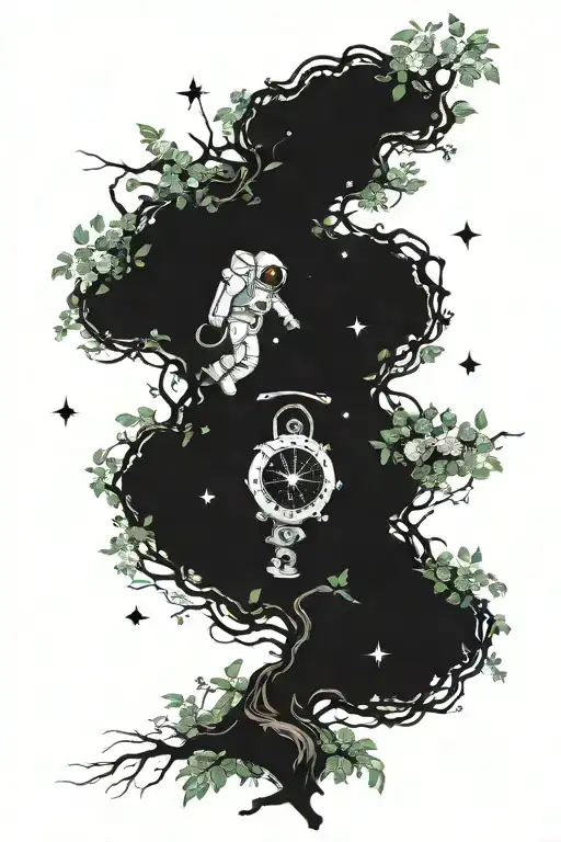 astronaut in space, jasmine tree, clock, compass tattoo design idea