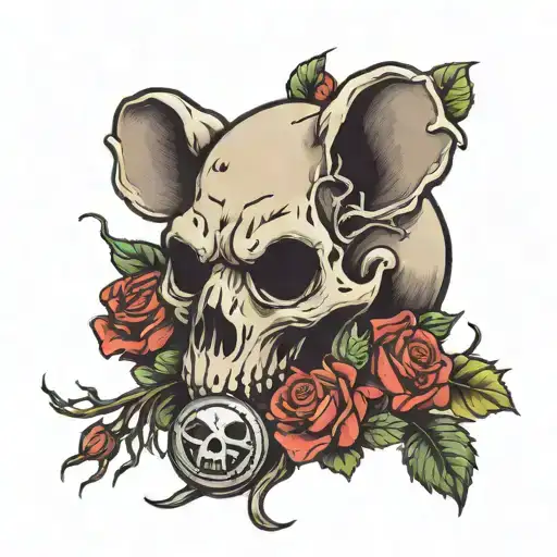 Rat skull with a coin and roses entwined tattoo design idea