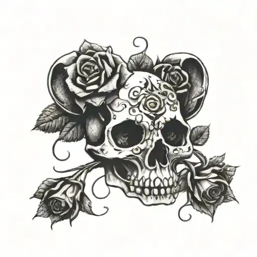 Rat skull with a coin eye  and roses entwined tattoo design idea