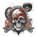 dark skull surrounded by cemetery, with full moon on back side, and dead people on top of it's cemetery looking at moon  tattoo design idea