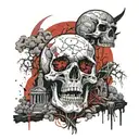 dark skull surrounded by cemetery, with full moon on back side, and dead people on top of it's cemetery looking at moon  tattoo design idea