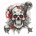 dark skull surrounded by cemetery, with full moon on back side, and dead people on top of it's cemetery looking at moon  tattoo design idea