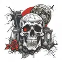 dark skull surrounded by cemetery, with full moon on back side, and dead people on top of it's cemetery looking at moon  tattoo design idea