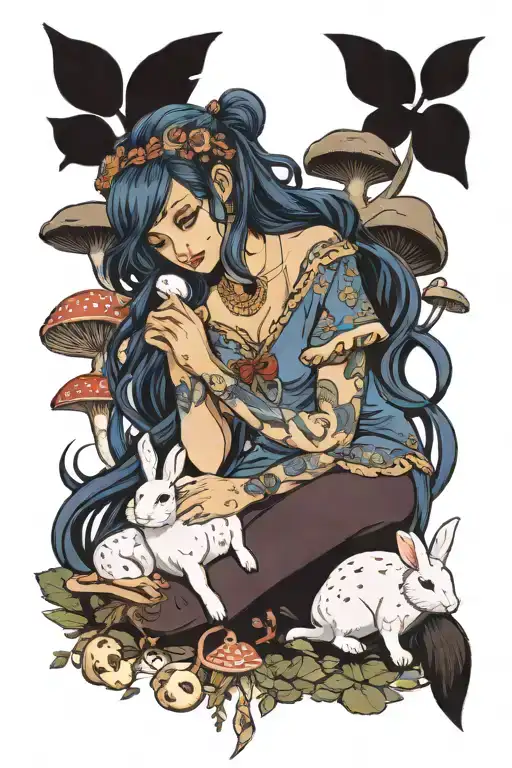 Draw a brunette sexy attractive woman with navy blue wavy hair and one rabbit on her lap, surrounded by mushrooms tattoo design idea