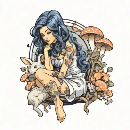 Draw a brunette sexy attractive woman with navy blue wavy hair and one rabbit on her lap, surrounded by mushrooms tattoo design idea