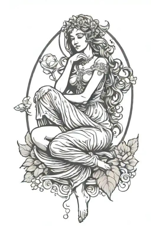 The goddess of love, Aphrodite, sits in the air with her legs crossed tattoo design idea