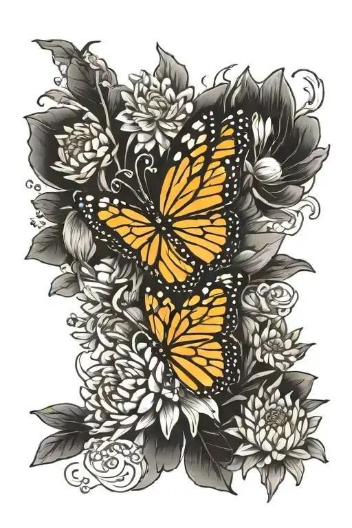 monarch butterfly, 2x water lily, chrysanthemum flower tattoo design idea