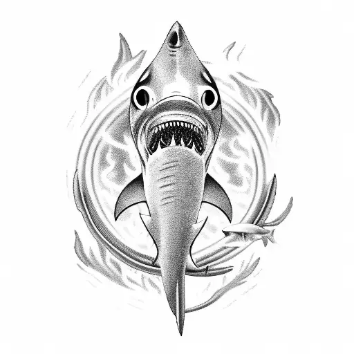 A welding torch shaped like a shark swimming through a sea of flames tattoo design idea