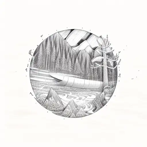 An intricate wooden surfboard surrounded by forest scenery tattoo design idea