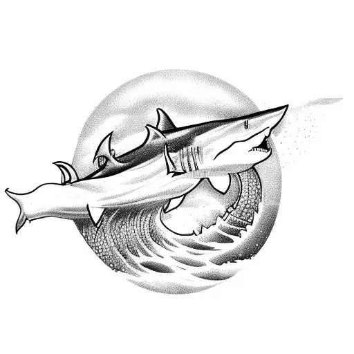 A powerful shark emerging from a wave in a blackwork style tattoo design idea