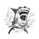 A welding torch shaped like a shark swimming through a sea of flames tattoo design idea