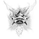 A welding torch shaped like a shark swimming through a sea of flames tattoo design idea