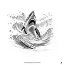 A powerful shark emerging from a wave in a blackwork style tattoo design idea