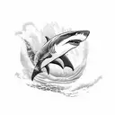 A powerful shark emerging from a wave in a blackwork style tattoo design idea
