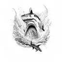 A powerful shark emerging from a wave in a blackwork style tattoo design idea