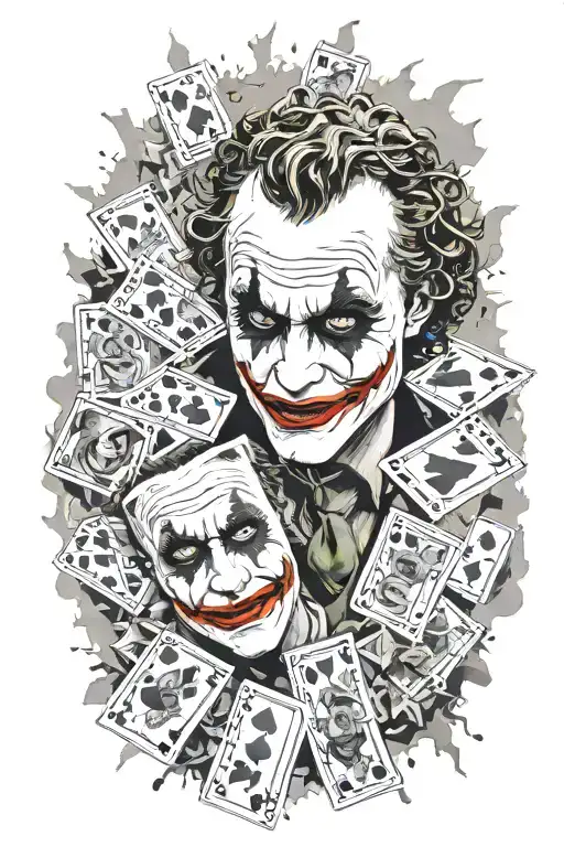 Heath Ledger as the Joker face with fling cards around him in the background a big explosion tattoo design idea