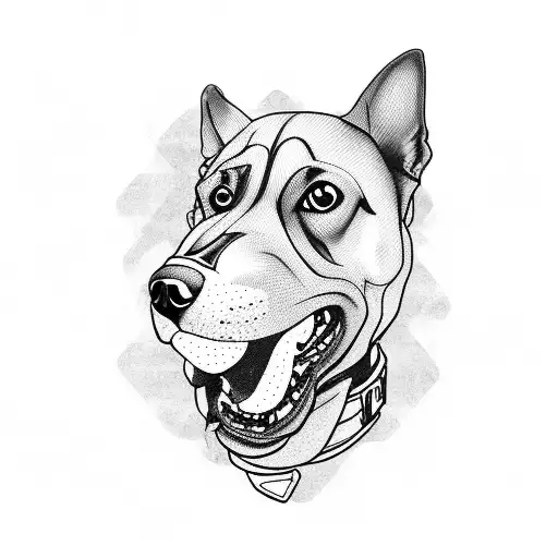 A realistic blackwork tattoo of a dog wearing an airsoft mask and holding a skateboard tattoo design idea