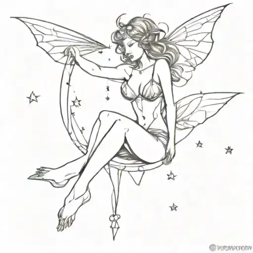 sexy and nasty Bad fairy flying and surrounded by Stars in underwear and harness with cords tattoo design idea