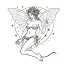 sexy and nasty Bad fairy flying and surrounded by Stars in underwear and harness with cords tattoo design idea