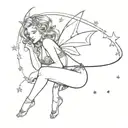 sexy and nasty Bad fairy flying and surrounded by Stars in underwear and harness with cords tattoo design idea