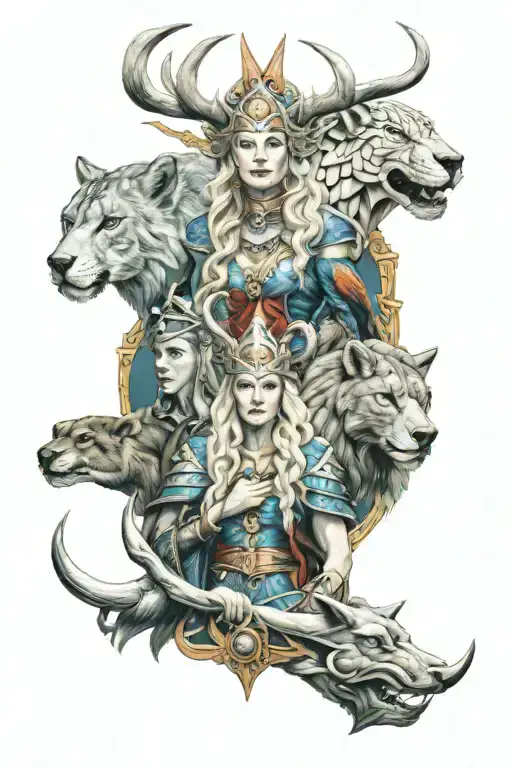 Skadi, Freyja, and Heimdall together symbolizing tattoo design idea