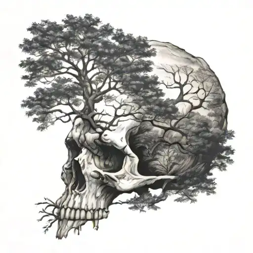 Nordic skull fading into trees tattoo design idea