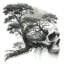 Nordic skull fading into trees tattoo design idea