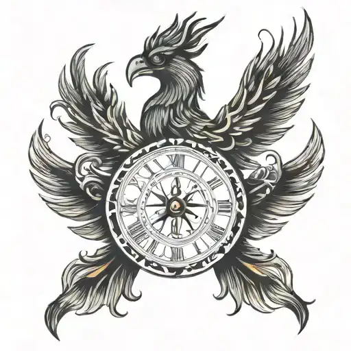 phoenix bird, viking compass, watch, date of birth tattoo design idea