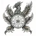 phoenix bird, viking compass, watch, date of birth tattoo design idea