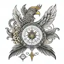 phoenix bird, viking compass, watch, date of birth tattoo design idea