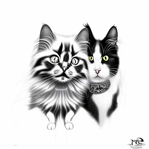 black and white cat and long haired striped cat tattoo design idea