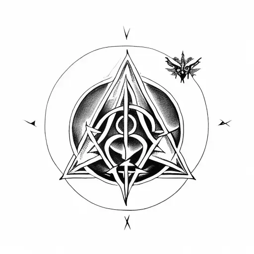 A blackwork tattoo depicting the Deathly Hallows symbol integrated with elements of witchcraft books tattoo design idea