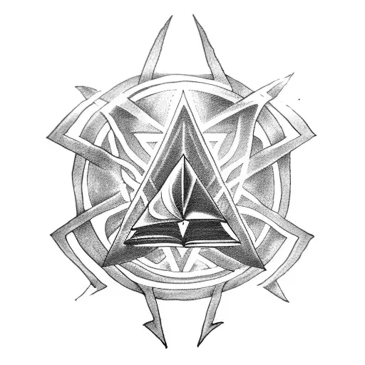 A blackwork tattoo depicting the Deathly Hallows symbol integrated with elements of witchcraft books tattoo design idea