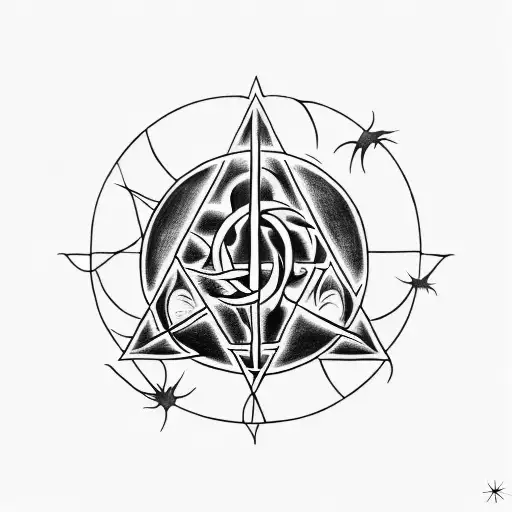 A blackwork tattoo depicting the Deathly Hallows symbol integrated with elements of witchcraft books tattoo design idea