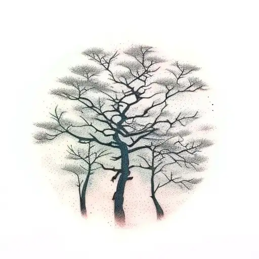 old, leafless tree. shorter than it is wide!.branches ending in points. in a bonsai style tattoo design idea