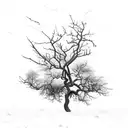 old, leafless tree three times as wide as it is tall. branches ending in points tattoo design idea