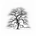 old, leafless tree. short and wide.branches ending in points. in a bonsai style tattoo design idea