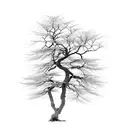 old, leafless tree. short and wide.branches ending in points. in a bonsai style tattoo design idea