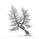 old, leafless tree. short and wide.branches ending in points. in a bonsai style tattoo design idea