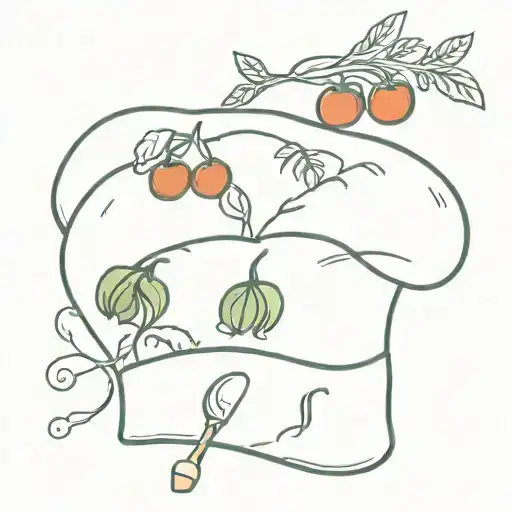 A whimsical tattoo of a chef's hat made out of various food ingredients like tomatoes, garlic cloves, and herbs tattoo design idea