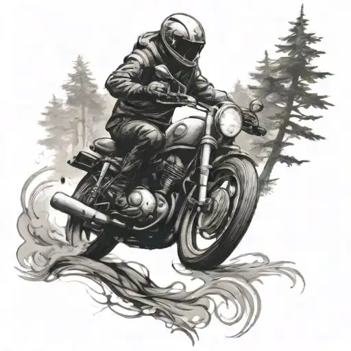 Sketch a detailed black-grey tattoo of a motorbike rider exploring a mystical forest, symbolizing the freedom and escape that bike riding can provide from the demands of a private sector job tattoo design idea