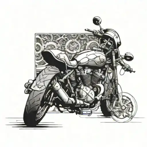 Incorporate a detailed blackwork design of a sleek motorbike into a larger tattoo representing the thrill of bike riding tattoo design idea