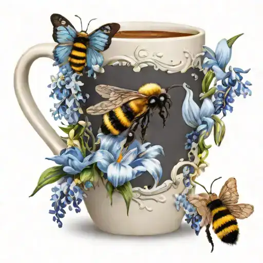 a coffee mug surrounded by lilies and blue bell flowers with a bumble bee landing on the mug tattoo design idea