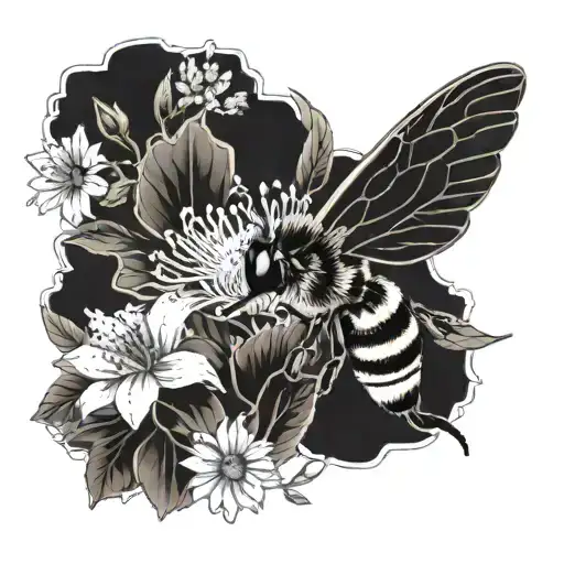 coffee cup surrounded by blooming flowers with a bumble bee tattoo design idea
